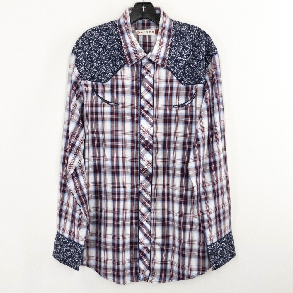Roper Women Large Western Pearl Snap Plaid Floral Yoke Long Sleeve Shirt Cotton